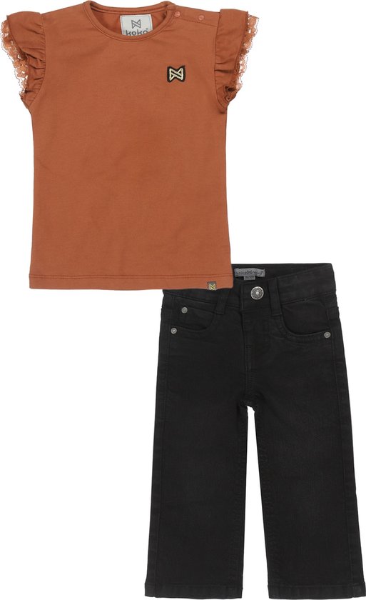 Koko Noko - Kledingset(2delig) - Jeans zwart met rechte pijp - Shirt roodbruin - Maat 86