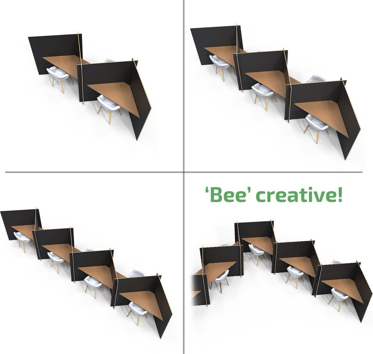 Bureaus Bee Connect - Duurzaam - Bureau - Modulair – Kantoormeubilair - Circulair - Popup - Tijdelijke werkplek - Zithoek - Space divider