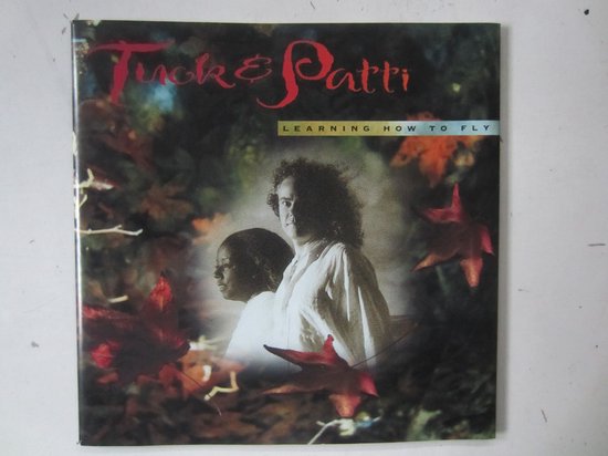 Albumhoes voor 'Learning How To Fly' van Tuck & Patti. Een man en vrouw staan naast elkaar in het donker, omringd door rode bladeren.