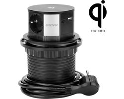 Pop-up stekkerdoos met Qi draadloze oplader - 3 Stopcontacten - USB-A+C - Quickcharge 3.0