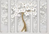 Fotobehang Bloemen Boom XXL – posterbehang – Witte bloemen Ornament - 368 x 254 cm – Zwart Wit Geelgoud