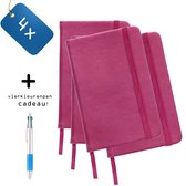 Pack van 4x Notitieboeken A5 Roze + Vierkleurenpen Cadeau -  Hardvoer - Harde Kaft - Gelijnd - A5 formaat - Elastiek