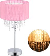Relaxdays tafellamp met kristallen XL - organza - metalen voet - schemerlamp - roze/zilver