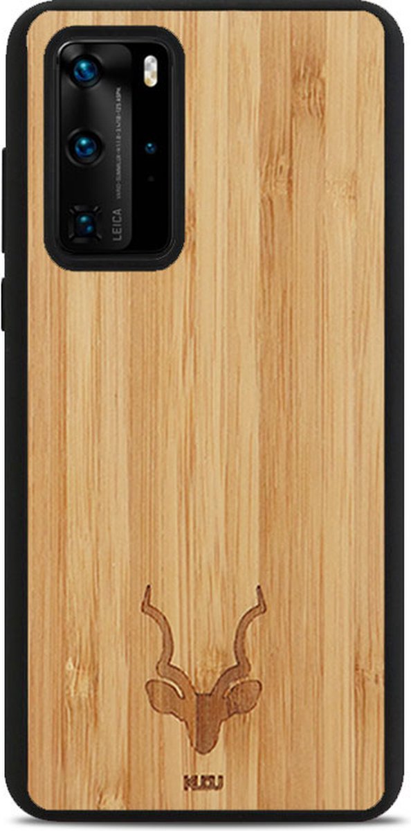 Kudu Huawei P40 hoesje case - Houten backcover - Handgemaakt en afgewerkt met duurzaam TPU - Bamboe - Zwart