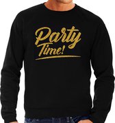 Party time sweater zwart met gouden glitter tekst heren  - Glitter en Glamour goud party kleding trui S