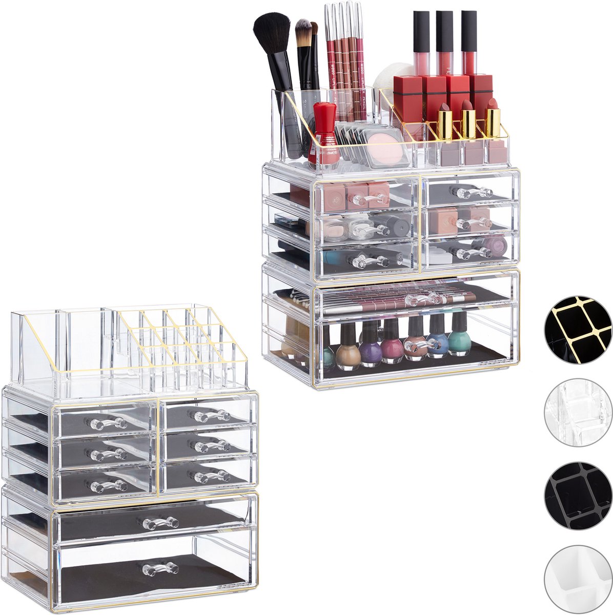 Goedkoopste 2x make-up organizer transparant-goud - cosmetica - acryl - stapelbaar - 8 lades