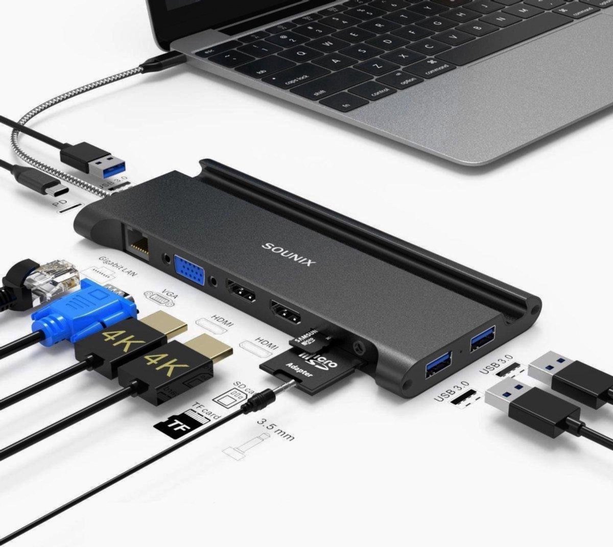 Sounix® 11 in 1 USB-C docking station - Gigabit Lan 1000MB/S - PD Charging Max100W - 4K UHD HDMI - VGA - USB 3.0 - Micro SD - Zwart-UCX11321