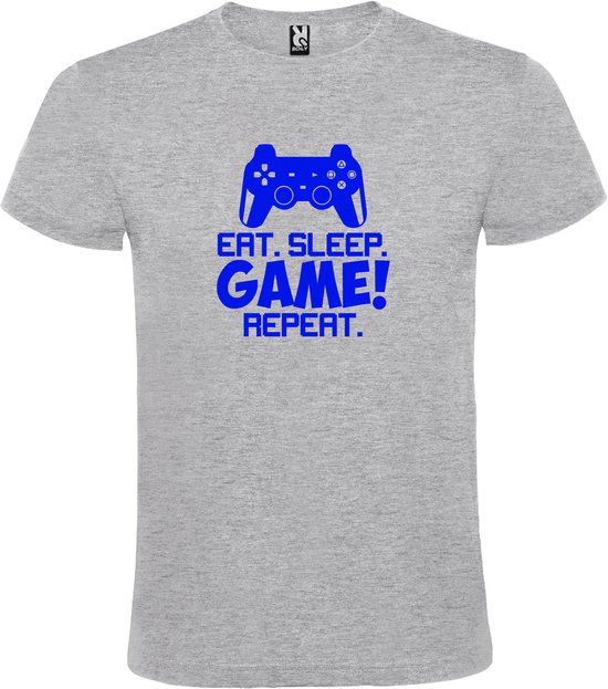 Grijs t-shirt met tekst 'EAT SLEEP GAME REPEAT' print Blauw size L