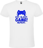 Wit t-shirt met tekst 'EAT SLEEP GAME REPEAT' print Blauw  size M