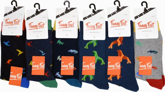Funny Feet Chaussettes - 6 paires - homme taille 43-46 - 80% coton - sans couture - Happy animal Socks