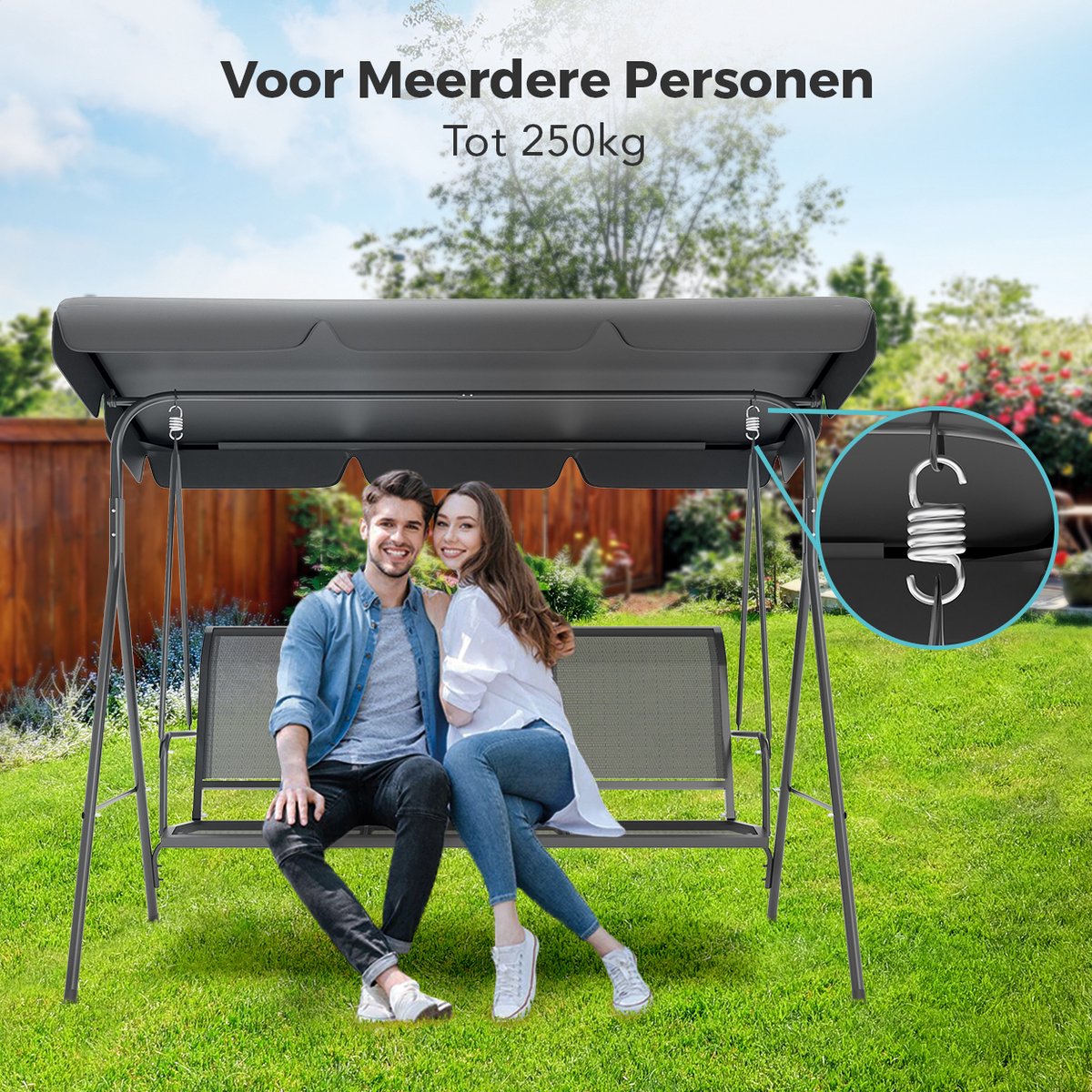 LifeGoods Schommelbank - 3-zits - tot 250KG - Kantelbaar Dak - UV-bestendig Zonnescherm - 172x104x162cm - Grijs — afbeelding 5