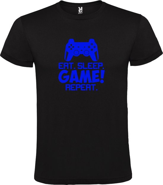 Zwart t-shirt met tekst 'EAT SLEEP GAME REPEAT' print Blauw  size S