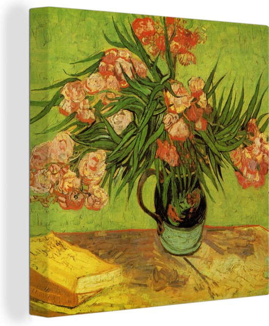 Tableau sur toile Nature morte vase aux lauriers roses et livres - Peinture de Vincent van Gogh - 20x20 cm - Décoration murale