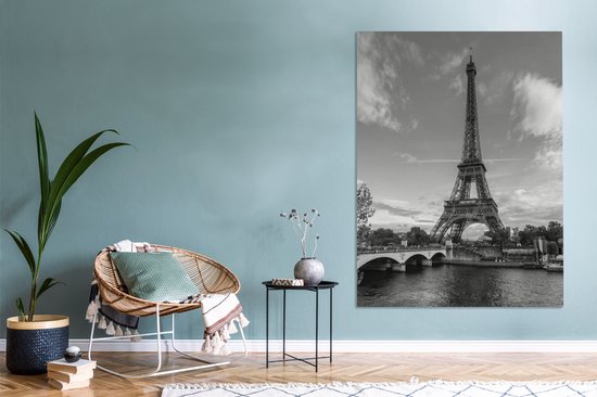 Toile Peinture Tour Eiffel vue de la Seine - noir et blanc - 120x160 cm - Décoration murale XXL
