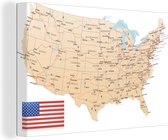 Canvas Schilderij Gedetailleerde landkaart Amerika - 60x40 cm - Wanddecoratie