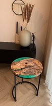 Hazal Wood - Bijzettafel - Epoxy - Groen - Kanyon - Olijfhout - Diameter 41 cm en 52 cm Hoog