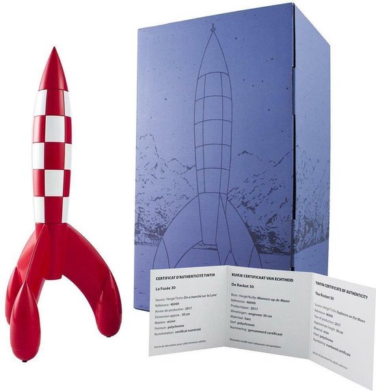 Moulinsart Tintin / Tintin Moon Rocket / Rocket to the Moon Collectible Rouge- Wit 30 cm. Avec sac de transport Tintin et Snowy.