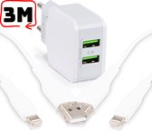Universal USB Charger met 2x iPhone OplaadKabel 3 Meter - 2x USB-A Poorten en 2.1A Snellader - Extra Sterke Oplader Kabel voor iPhone en iPad