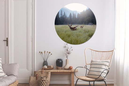 WallCircle - Stickers muraux - Cercle Papier Peint - Forêt - Cerf - Brouillard - 120x120 cm - Cercle Mural - Auto Adhésif - Sticker Papier Peint Rond XXL
