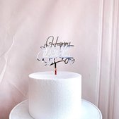 Taart Decoratie - Happy Birthday - Taarttopper - Acryl - Zilver - Hartjes