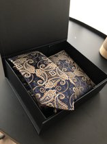 Tie & pochet - dark blue (blauw)- gold (goud) - stropdas - heren -set