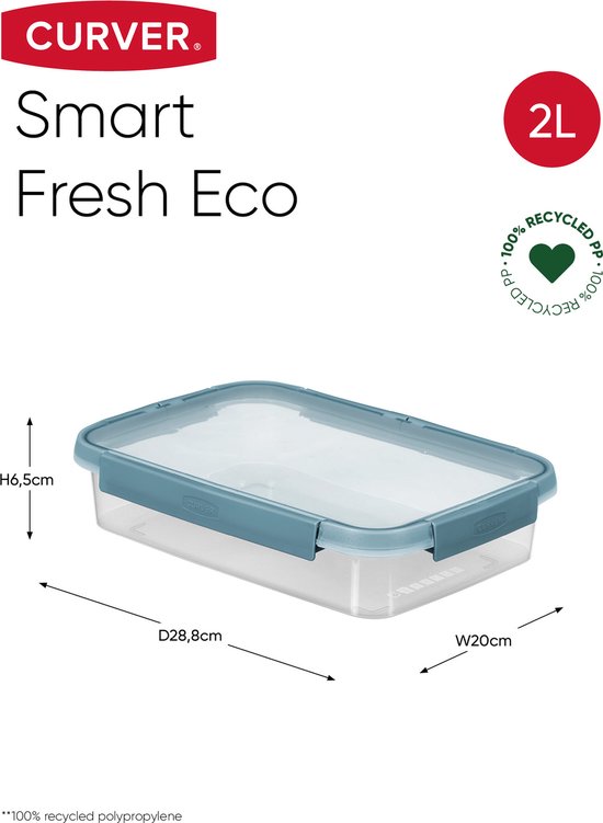 Boîte de conservation Curver Smart Fresh Eco 2L, 28.8cm de profondeur, 20cm de largeur, 6.5cm de hauteur, en PP 100% recyclé.