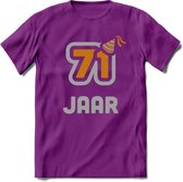 71 Jaar Feest T-Shirt | Goud - Zilver | Grappig Verjaardag Cadeau Shirt | Dames - Heren - Unisex | Tshirt Kleding Kado | - Paars - M