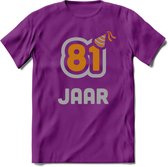 81 Jaar Feest T-Shirt | Goud - Zilver | Grappig Verjaardag Cadeau Shirt | Dames - Heren - Unisex | Tshirt Kleding Kado | - Paars - M