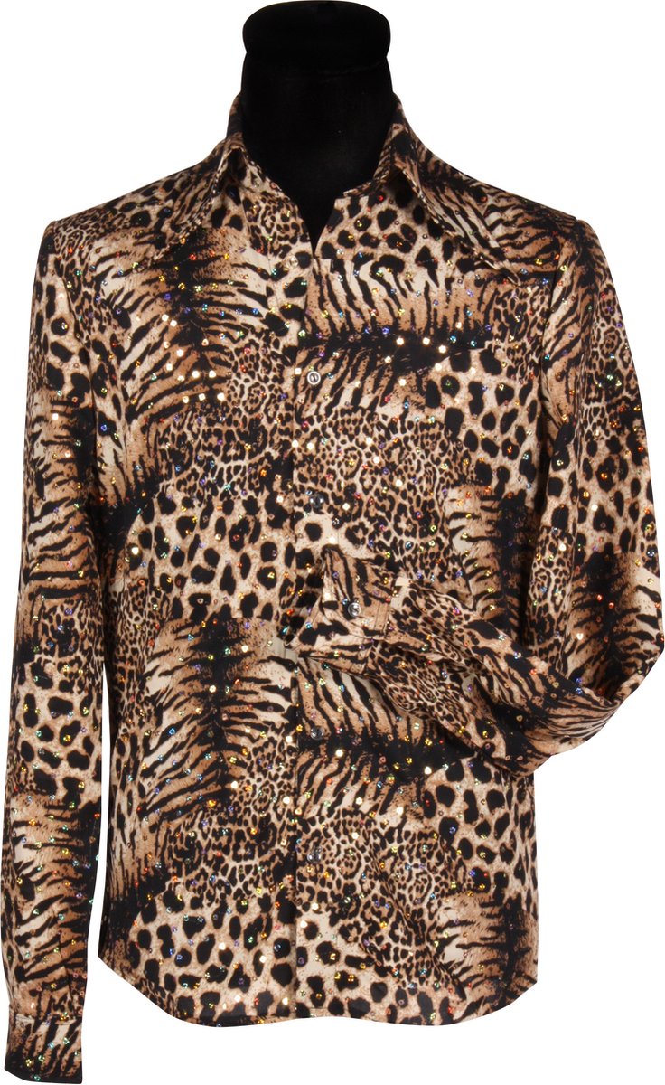 Blouse Tigerking - Heren Blouse - Extreem Fout - Met Pailletten - Jaren 80/90 - Bruin - Maat S