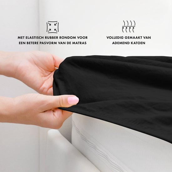 Mains montrant le drap housse noir, avec le texte 'Avec élastique périphérique pour un meilleur ajustement du matelas' et 'Entièrement en coton respirant'.
