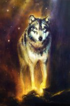 Celtic Tree - Canvas schilderij - Wolf op Pad - 40x60cm - Wanddeco - Premium Canvas - Krachtdier - Wolf - Dier - Geel - Zwart - Keltisch - Noors - Pagan - Heidens - Wicca - Hekseri