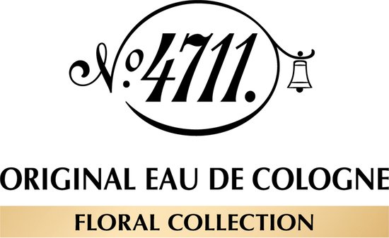 Gouden cirkel met "Nr. 4711" en een bel, onderaan "Original Eau de Cologne Floral Collection" op een gouden band.