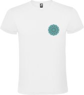 Wit T-shirt met Kleine Mandala in Blauw/Groene tint size L