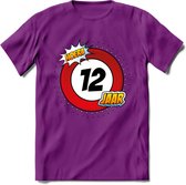 12 Jaar Hoera Verkeersbord T-Shirt | Grappig Verjaardag Cadeau | Dames - Heren | - Paars - XL