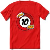 10 Jaar Hoera Verkeersbord T-Shirt | Grappig Verjaardag Cadeau | Dames - Heren | - Rood - L