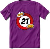 21 Jaar Hoera Verkeersbord T-Shirt | Grappig Verjaardag Cadeau | Dames - Heren | - Paars - XL