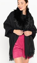 LOLALIZA Brede sjaal met imitatievacht en franjes - Zwart - Maat One size