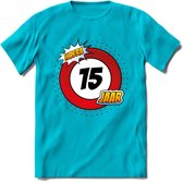 15 Jaar Hoera Verkeersbord T-Shirt | Grappig Verjaardag Cadeau | Dames - Heren | - Blauw - XL