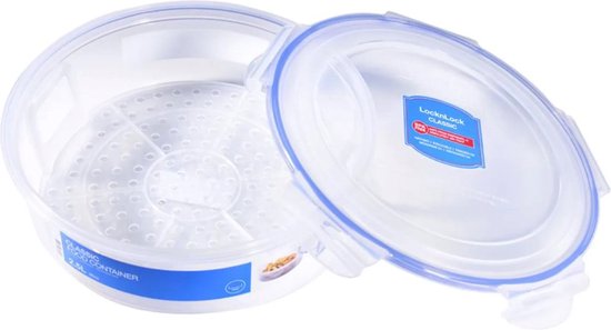 Boîte de conservation ronde transparente Lock&Lock avec couvercle bleu, dotée d'une grille amovible.