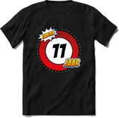 11 Jaar Hoera Verkeersbord T-Shirt | Grappig Verjaardag Cadeau | Dames - Heren | - Zwart - L