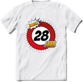 28 Jaar Hoera Verkeersbord T-Shirt | Grappig Verjaardag Cadeau | Dames - Heren | - Wit - S