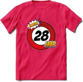 28 Jaar Hoera Verkeersbord T-Shirt | Grappig Verjaardag Cadeau | Dames - Heren | - Roze - XXL