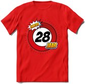 28 Jaar Hoera Verkeersbord T-Shirt | Grappig Verjaardag Cadeau | Dames - Heren | - Rood - S