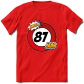 87 Jaar Hoera Verkeersbord T-Shirt | Grappig Verjaardag Cadeau | Dames - Heren | - Rood - XL
