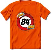 84 Jaar Hoera Verkeersbord T-Shirt | Grappig Verjaardag Cadeau | Dames - Heren | - Oranje - XXL