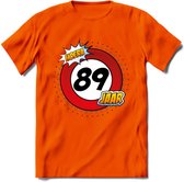 89 Jaar Hoera Verkeersbord T-Shirt | Grappig Verjaardag Cadeau | Dames - Heren | - Oranje - 3XL