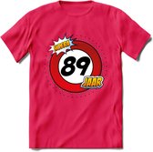 89 Jaar Hoera Verkeersbord T-Shirt | Grappig Verjaardag Cadeau | Dames - Heren | - Roze - M