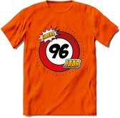 96 Jaar Hoera Verkeersbord T-Shirt | Grappig Verjaardag Cadeau | Dames - Heren | - Oranje - 3XL