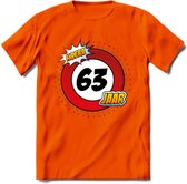 63 Jaar Hoera Verkeersbord T-Shirt | Grappig Verjaardag Cadeau | Dames - Heren | - Oranje - XL