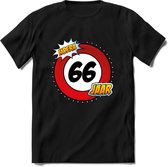 66 Jaar Hoera Verkeersbord T-Shirt | Grappig Verjaardag Cadeau | Dames - Heren | - Zwart - 3XL